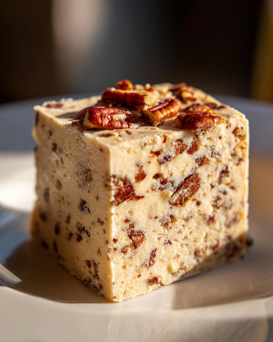 A close-up of a square slice of creamy butter pecan fudge, topped with whole pecans.