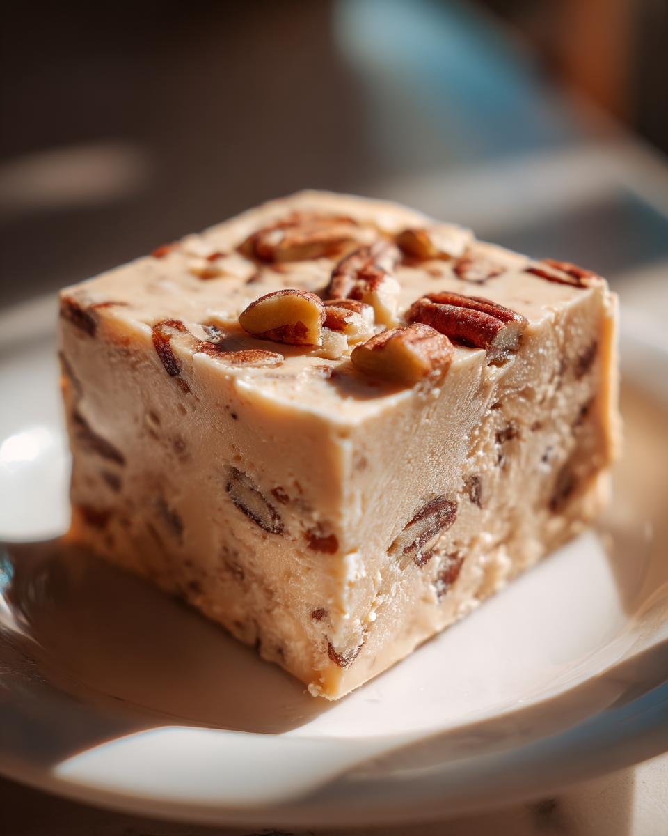 A close-up of a square slice of creamy Butter Pecan Fudge, topped with whole pecans.