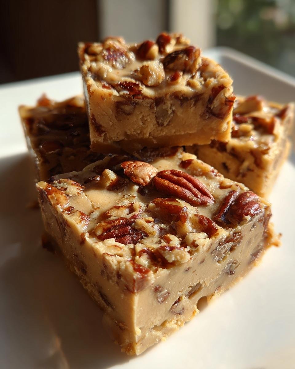 Close-up of stacked slices of rich Butter Pecan Fudge, generously topped with crunchy pecans.