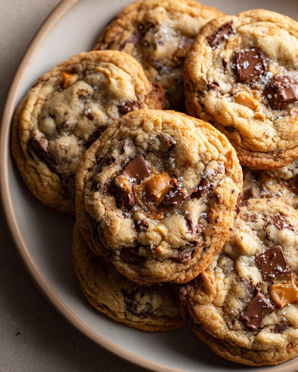 A close-up of several soft and chewy Butterscotch Chocolate Chip Cookies piled on a plate, sprinkled with sea salt.