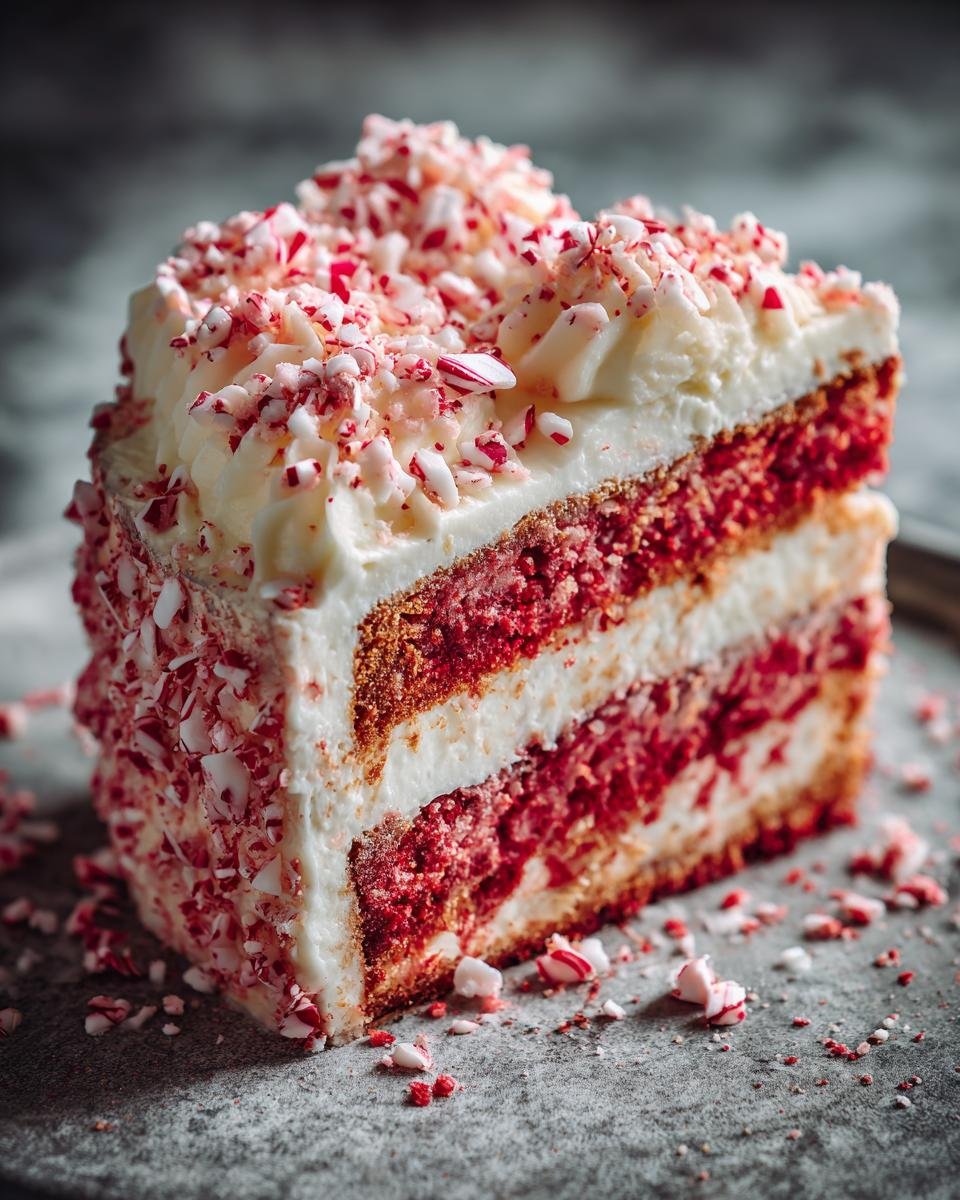 A delicious slice of Candy Cane Cake with red layers, white frosting, and crushed candy cane topping.