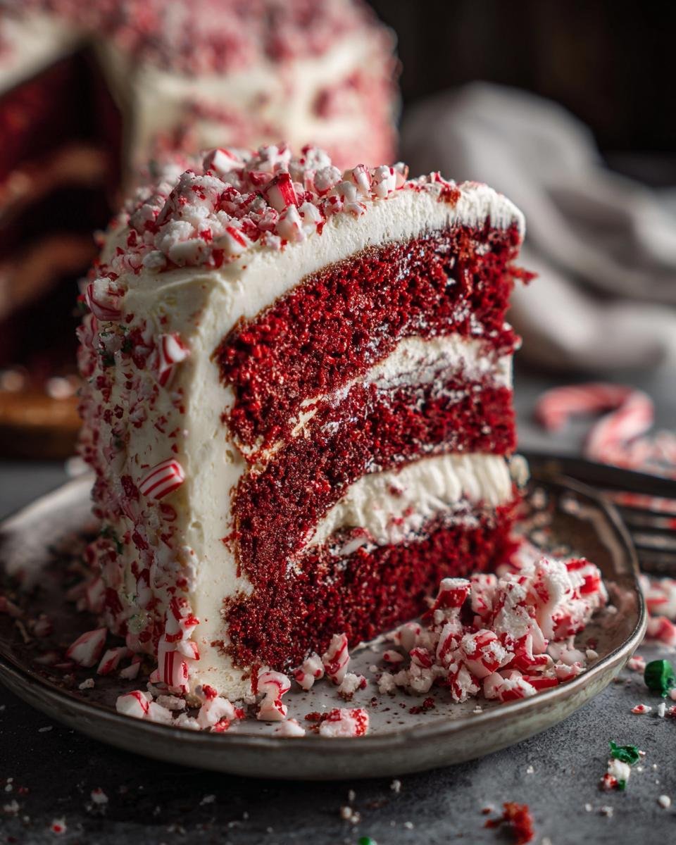 A slice of red velvet Candy Cane Cake with white frosting and crushed candy canes.