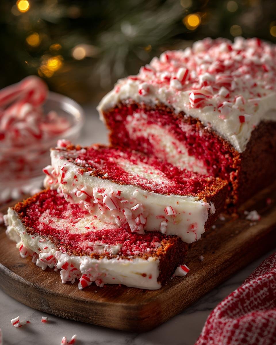 Close-up of sliced Candy Cane Cake with red and white swirls, topped with white frosting and crushed candy canes.