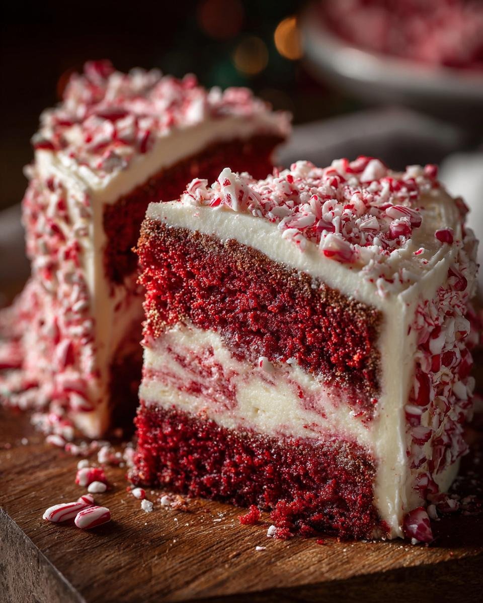 Two slices of red velvet Candy Cane Cake with white cream cheese frosting and crushed candy canes.