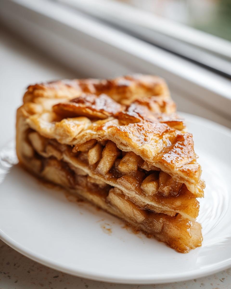 A thick slice of Caramel Apple Galette showing layers of flaky pastry and cinnamon-caramelized apples on a white plate.