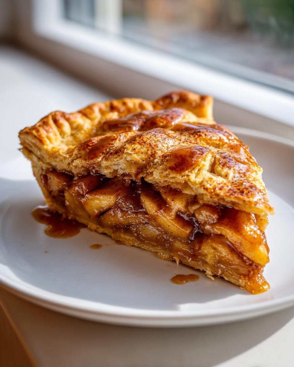 A thick slice of Caramel Apple Galette showing flaky crust, rich apple filling, and caramel drizzle on a white plate.