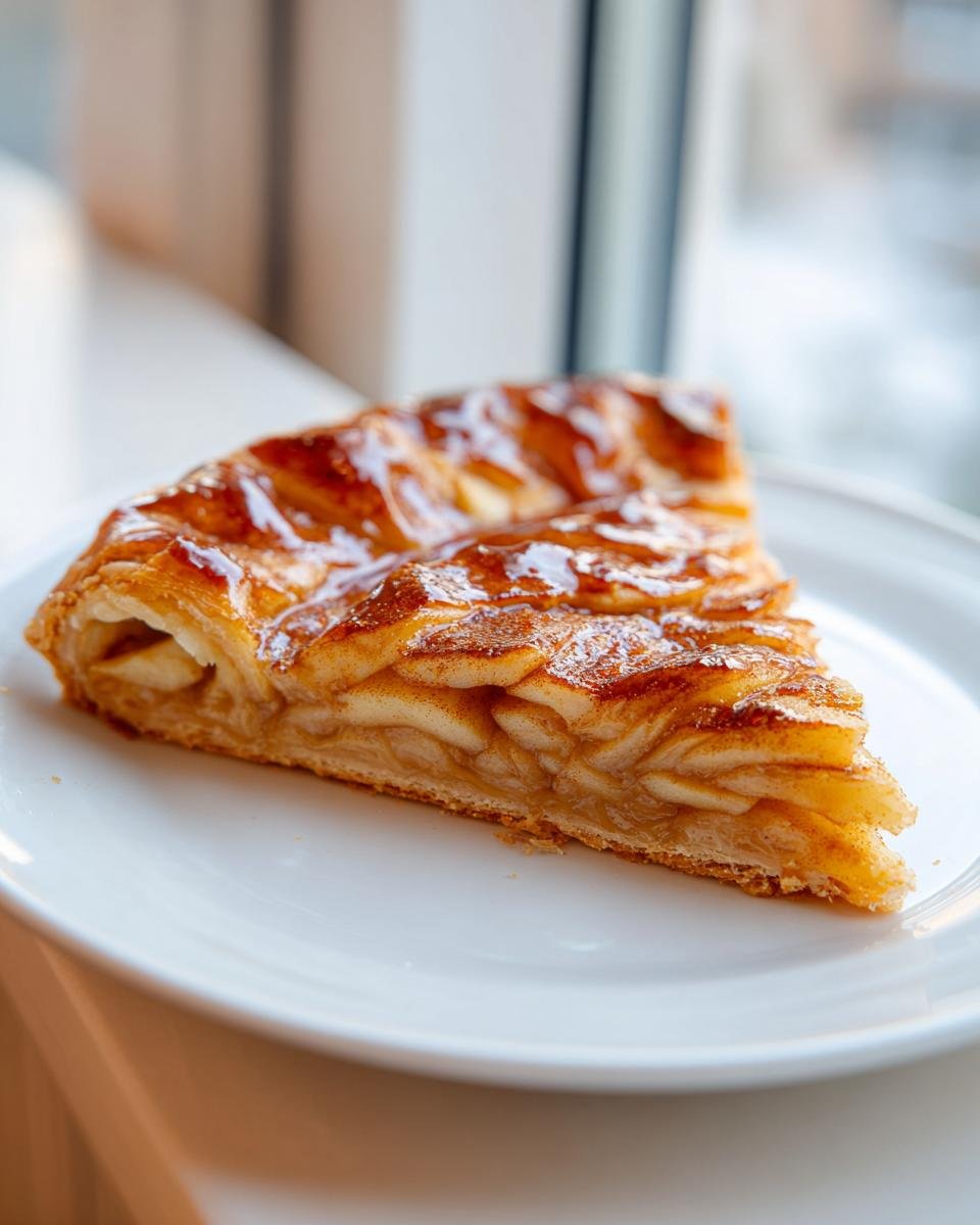 A close-up of a single slice of Caramel Apple Galette with a shiny glaze, served on a white plate.