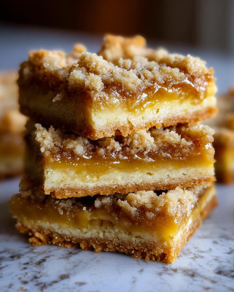 A close-up stack of three delicious Caramel Crumb Bars, showing the crumb topping and gooey caramel layer.