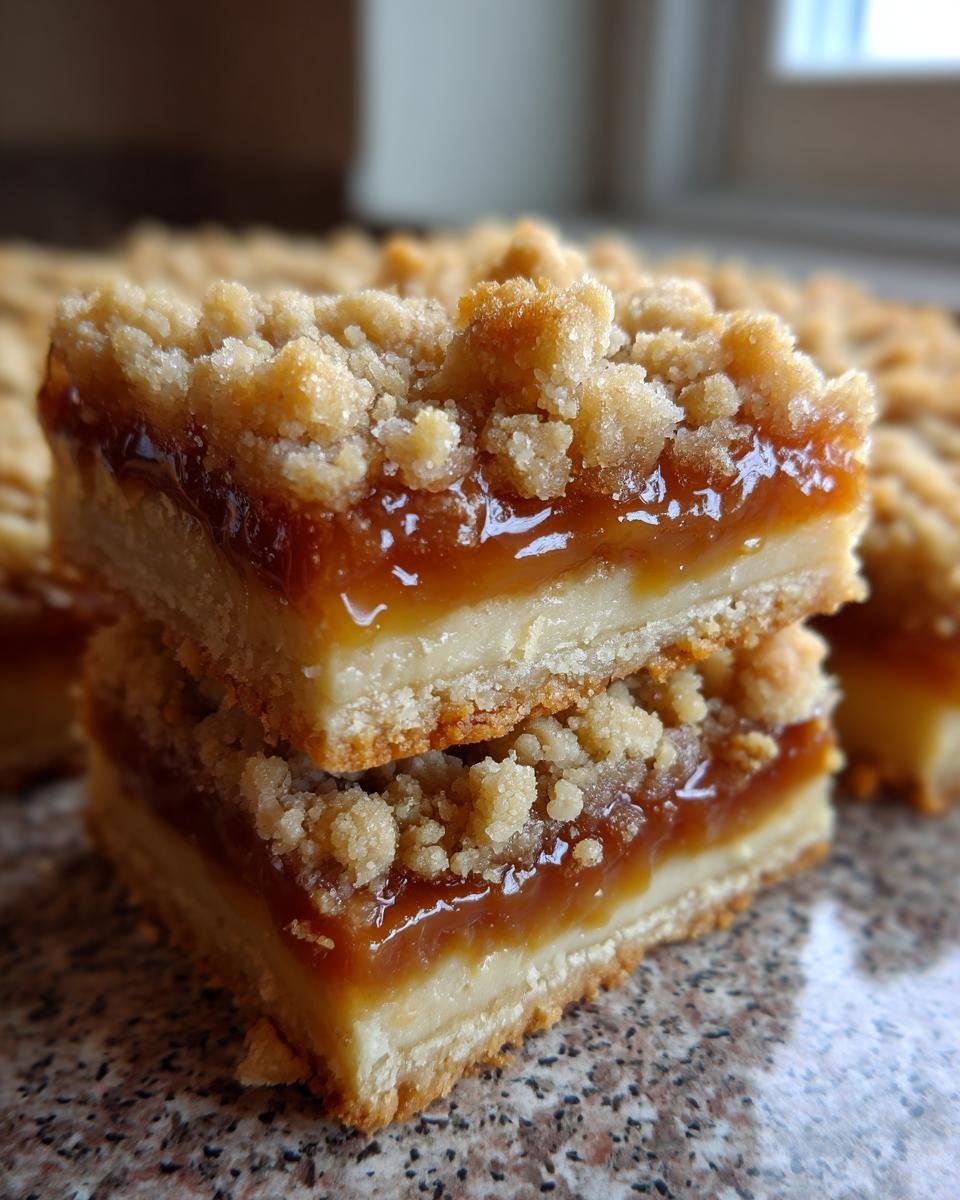 Close-up of two Caramel Crumb Bars stacked, showing layers of crumb topping, caramel, and shortbread base.