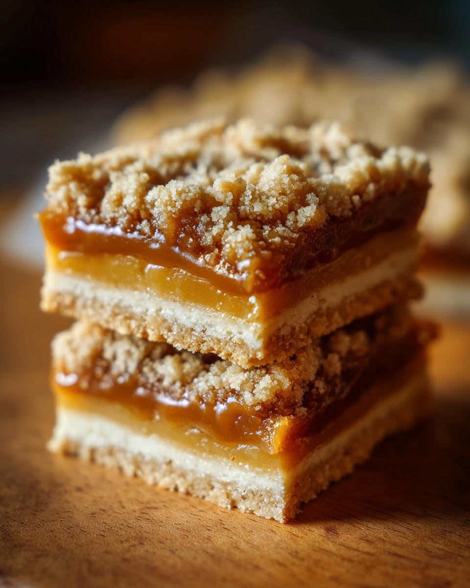 Close-up of two stacked Caramel Crumb Bars, showing layers of crumb topping, gooey caramel, and shortbread crust.