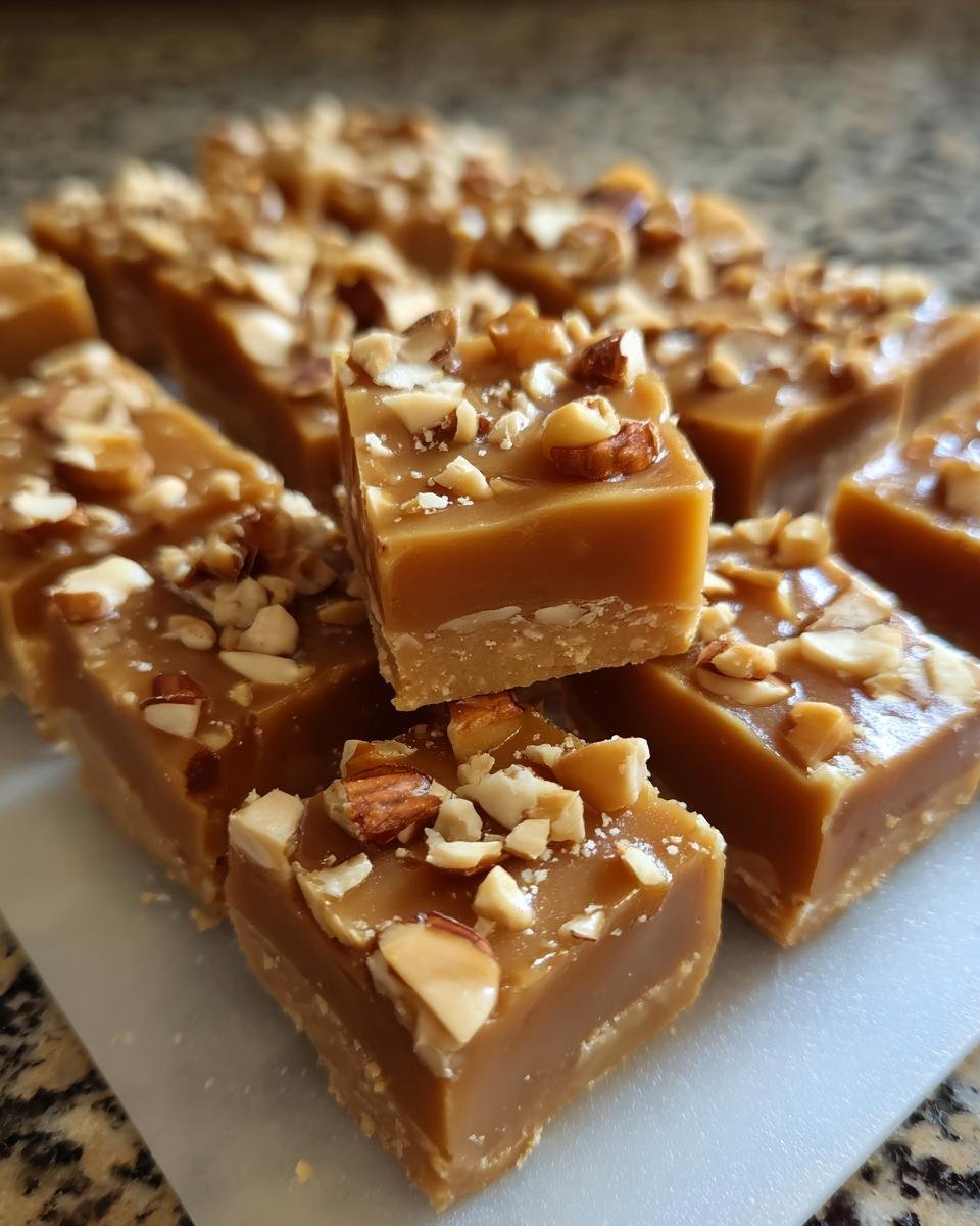 Close-up of perfectly cut squares of caramel fudge topped with chopped nuts.