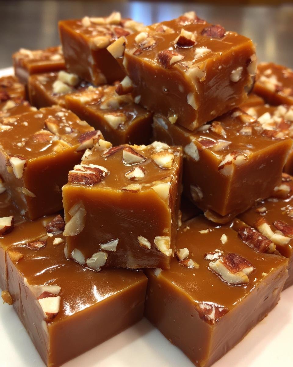 Close-up of stacked squares of rich Caramel Fudge topped with chopped pecans.