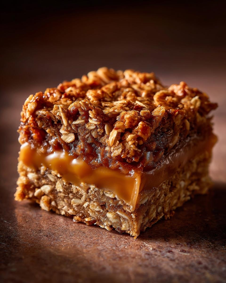 Close-up of a Caramelitas Caramel Oatmeal Bar, showing layers of oats and gooey caramel.