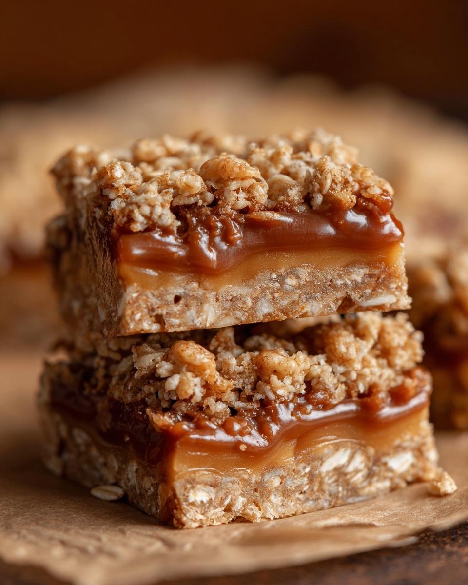 A close-up stack of two Caramelitas Caramel Oatmeal Bars, showcasing the gooey caramel and crumbly oat topping.