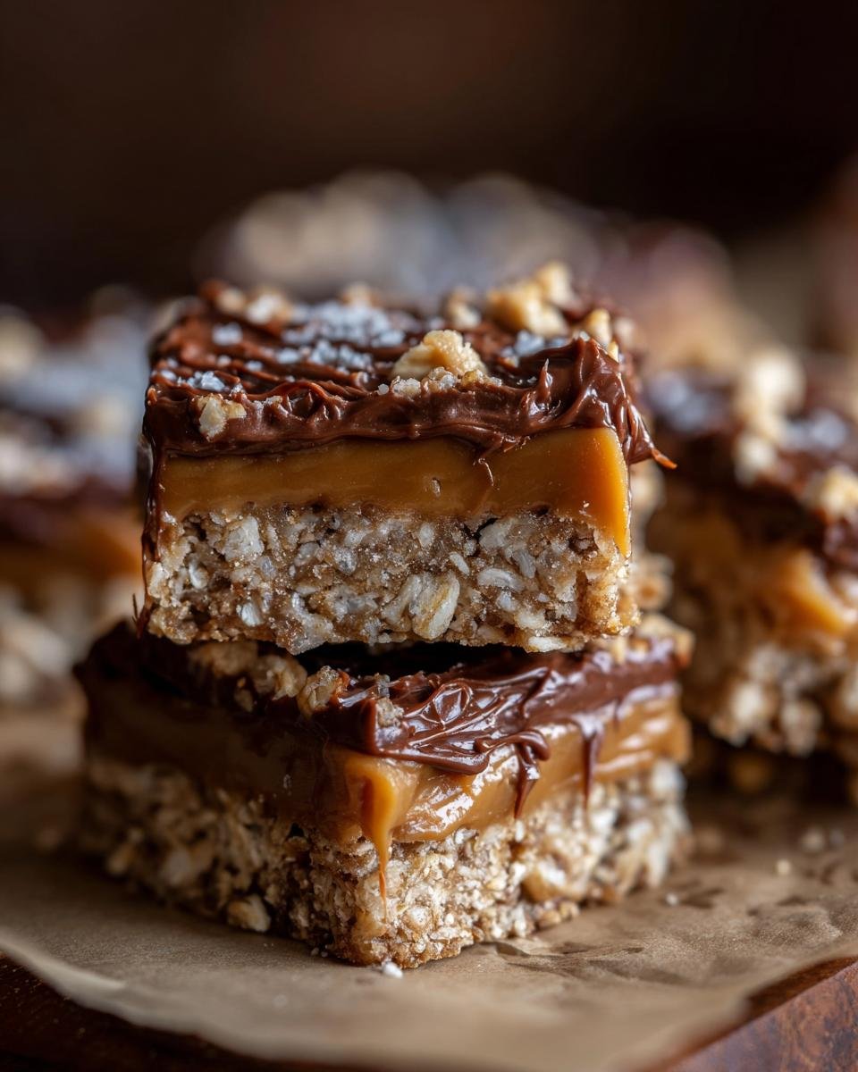 Two delicious Caramelitas Caramel Oatmeal Bars stacked on top of each other, showcasing layers of oats, caramel, and chocolate.