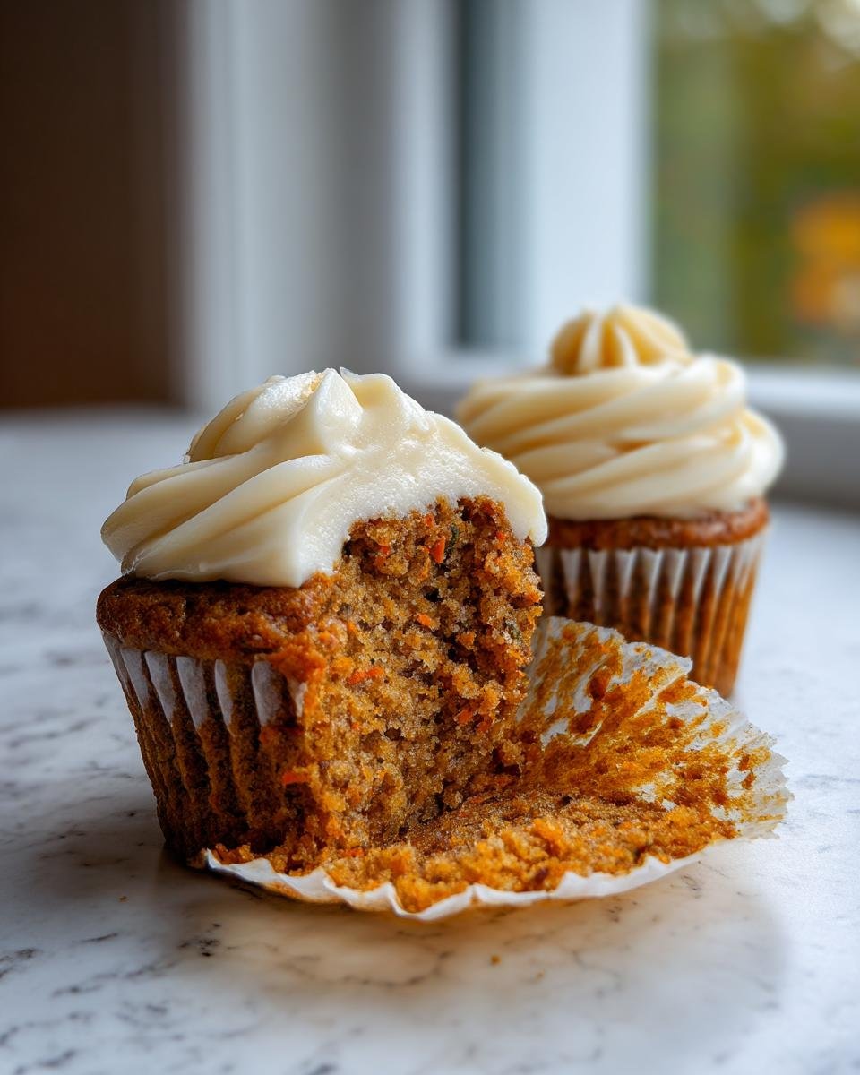 A close-up of a Carrot Cake Cupcake With Cream Cheese Frosting, bitten open to show the moist interior.