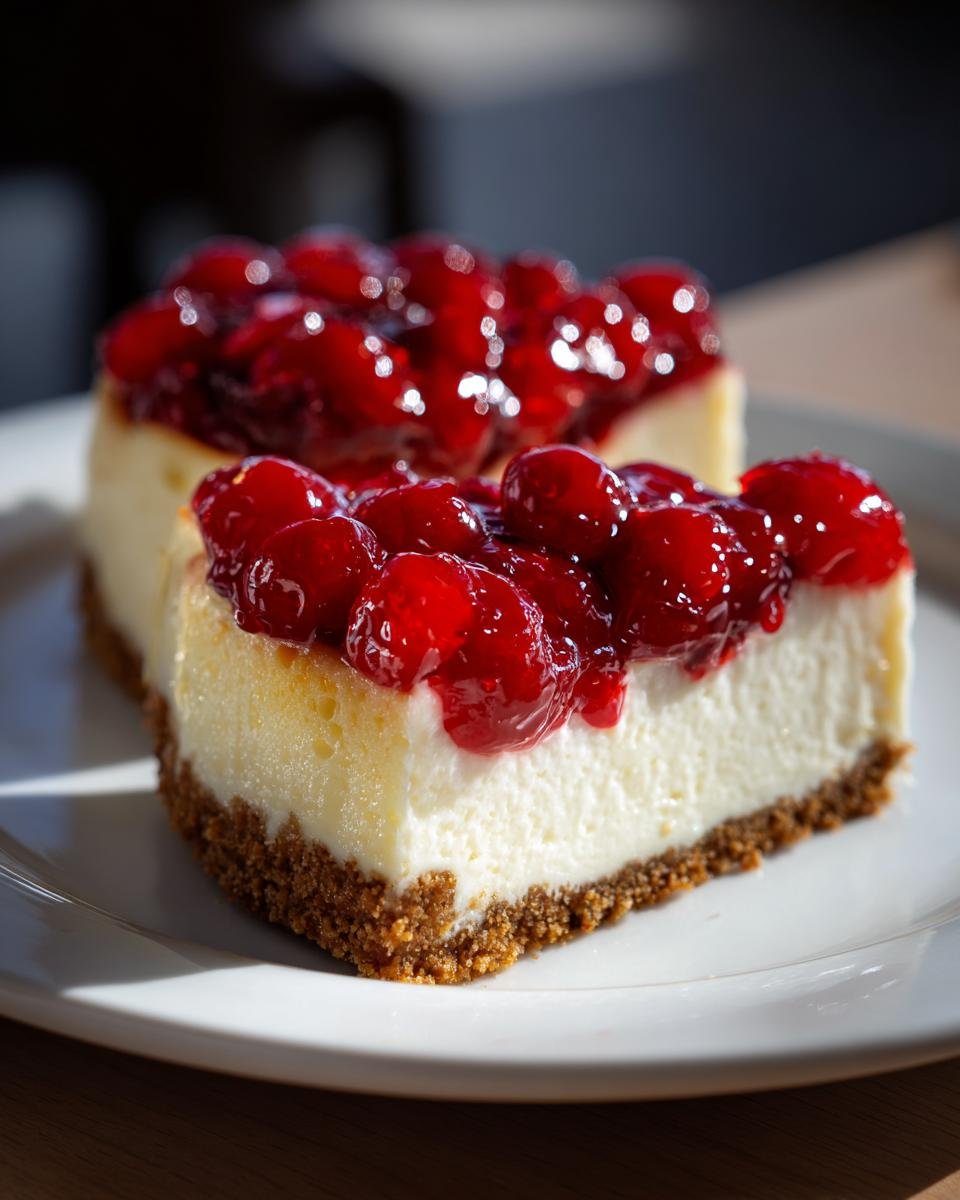 A close-up of two slices of creamy Cherry Cheesecake topped with glossy red cherries on a white plate.