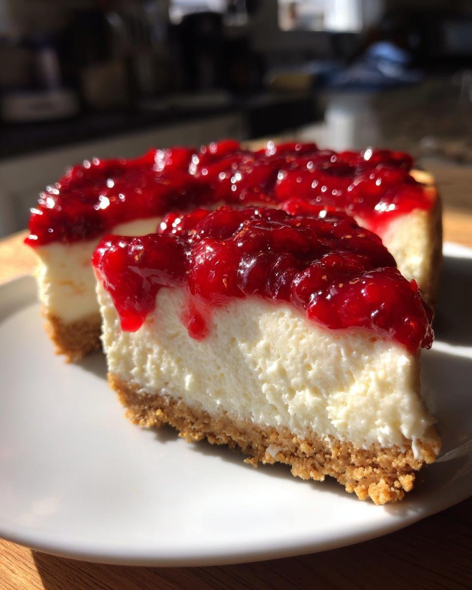 A close-up of a creamy slice of Cherry Cheesecake with a thick graham cracker crust and vibrant red cherry topping.