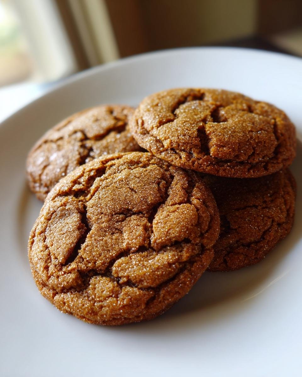 Close-up of four chewy Brown Sugar Cookies, coated in sparkling sugar, resting on a white plate.