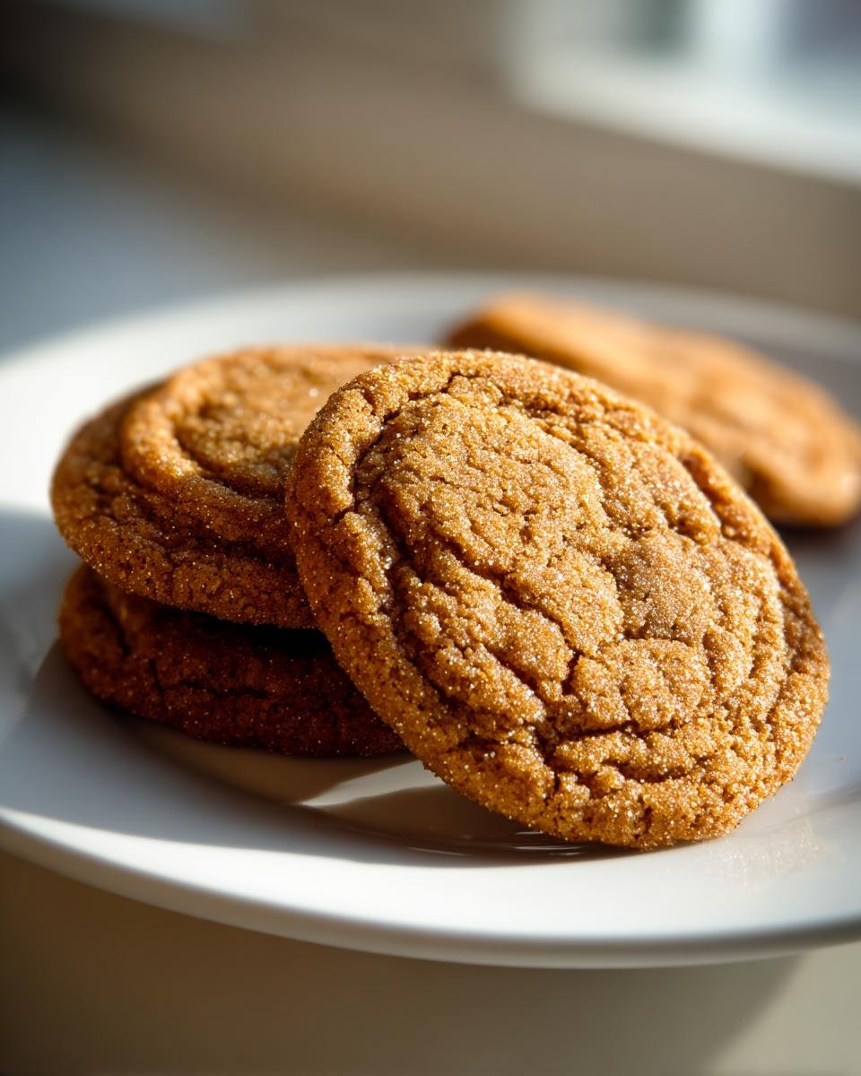 Close-up of chewy Brown Sugar Cookies coated in sugar, stacked on a white plate in sunlight.