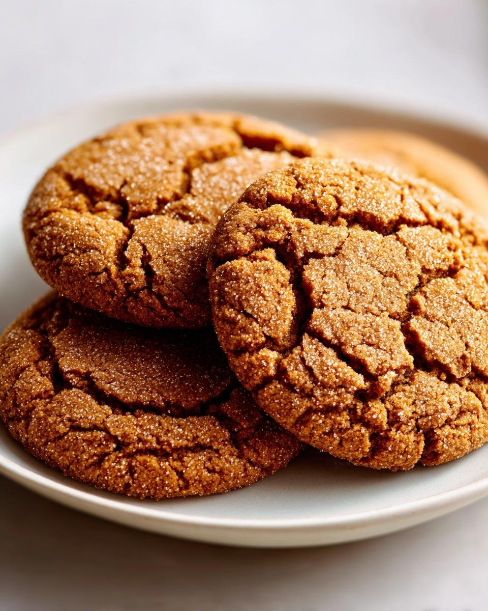 Close-up of three chewy Brown Sugar Cookies stacked on a light plate, coated in sparkling sugar.