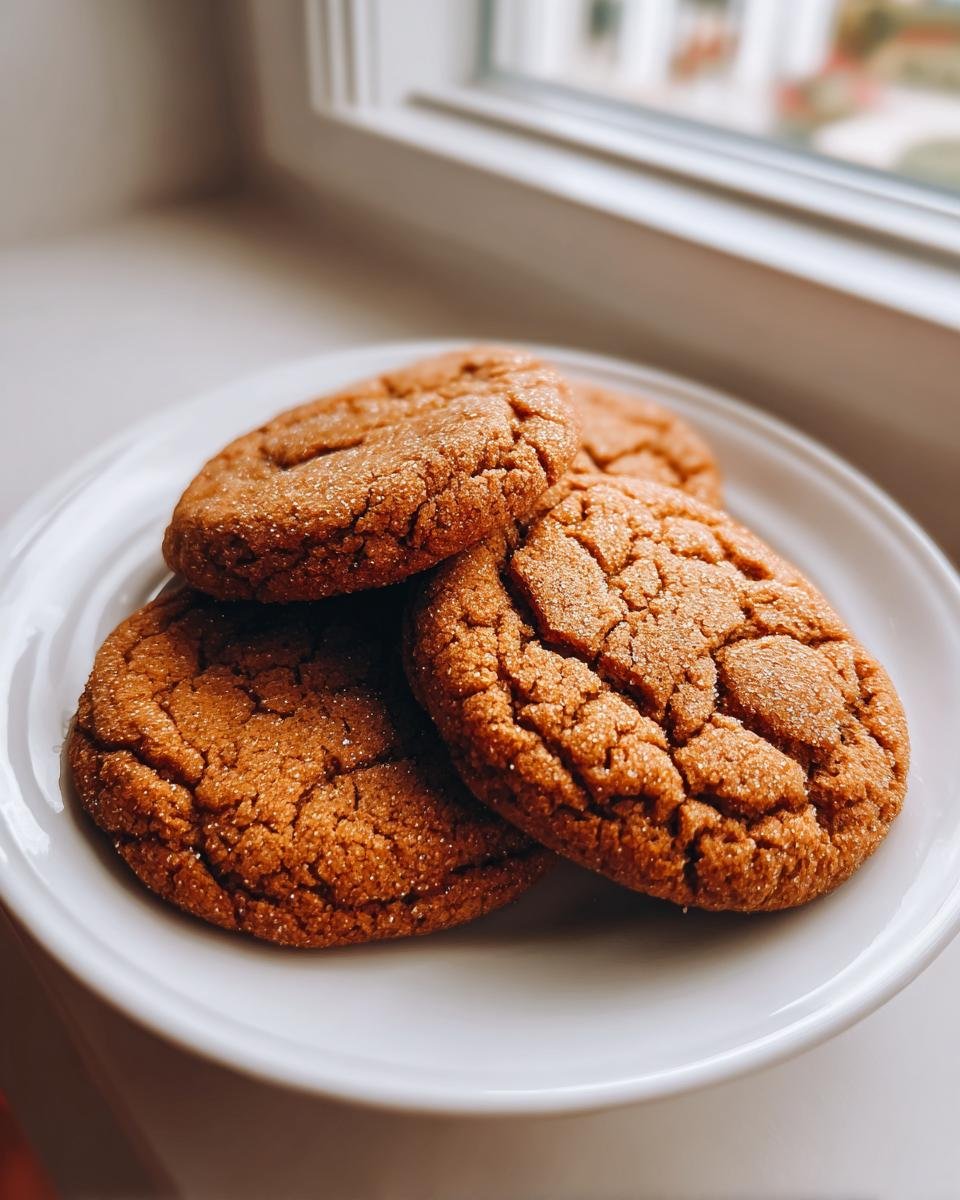 Close-up of four chewy Brown Sugar Cookies piled on a white plate near a window.