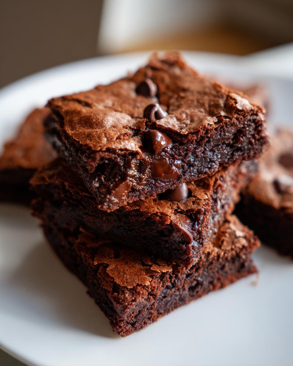 A stack of three rich, fudgy Chocolate Cookie Bars topped with melted chocolate chips.