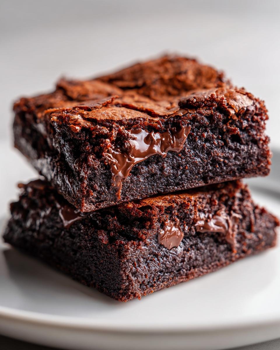 Two rich, dark Chocolate Cookie Bars stacked on a white plate, showing gooey melted chocolate.