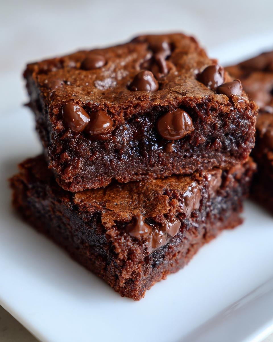 Two stacked, fudgy squares of Chocolate Cookie Bars topped with melted chocolate chips on a white plate.