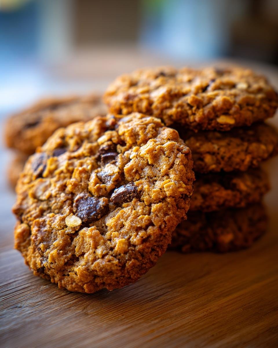Close-up of a stack of chewy Cowboy Cookies loaded with oats and chocolate chips.