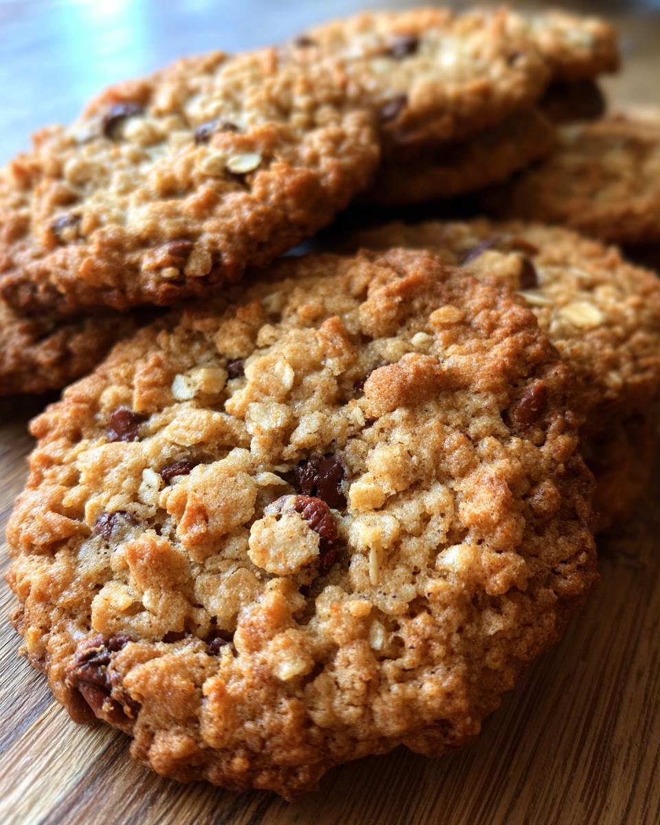 Close-up of delicious, chewy Cowboy Cookies loaded with chocolate chips and oats on a wooden surface.