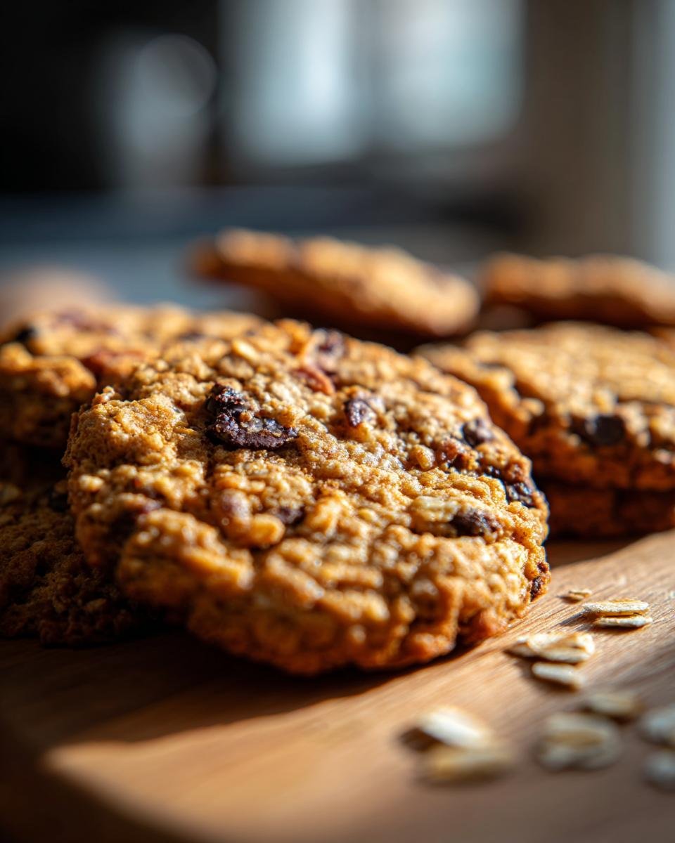 Close-up of delicious, chewy Cowboy Cookies loaded with oats and raisins on a wooden surface.