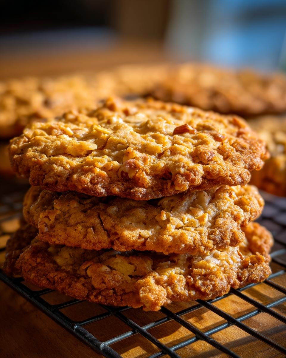 A stack of three golden-brown chewy Cowboy Cookies on a black cooling rack, with more cookies blurred in the background.