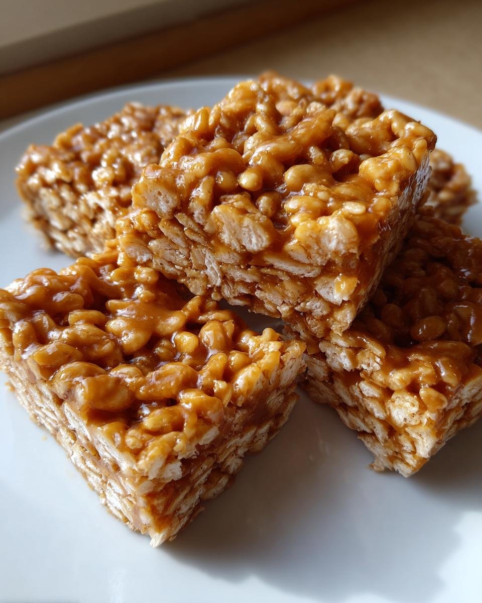 Four golden, chewy squares of Puffed Wheat Squares stacked slightly on a white plate.