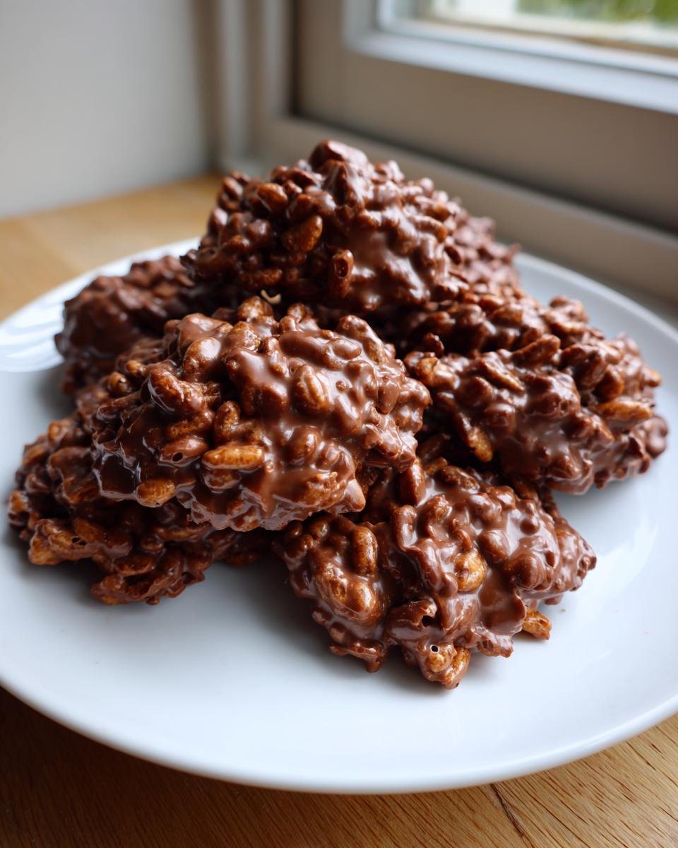 A close-up of several rich, chocolate-coated Avalanche Cookies piled on a white plate.
