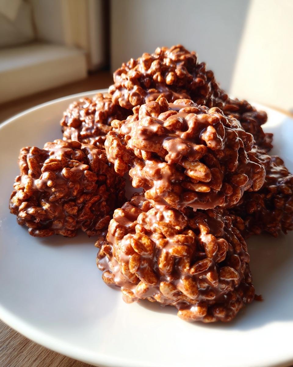 A stack of glossy, chocolate-covered Avalanche Cookies made with puffed rice cereal on a white plate.