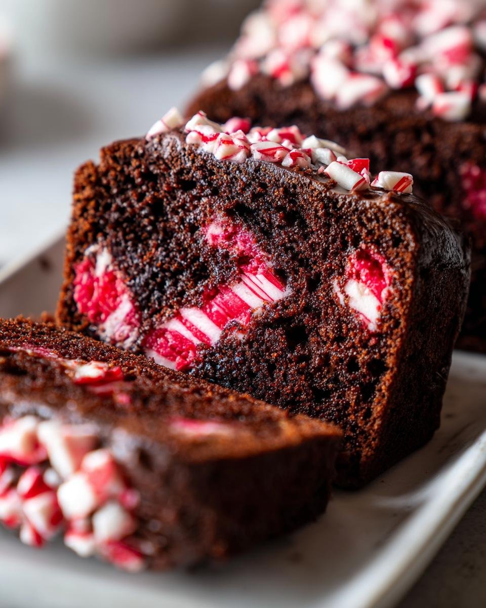 A close-up of a slice of Chocolate Candy Cane Cake, revealing swirls of red and white candy cane pieces within the rich chocolate cake.