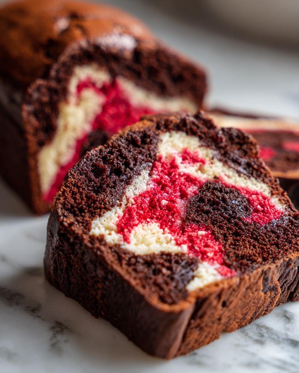 A slice of Chocolate Candy Cane Cake showing a rich chocolate exterior with a red and white swirled interior.