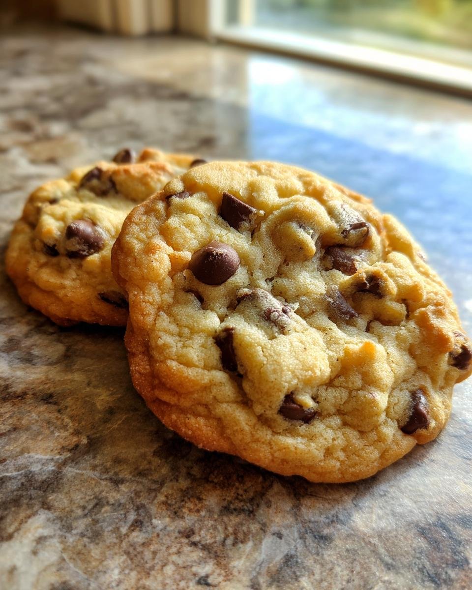 Close-up of two golden-brown chocolate chip cookies without brown sugar, showcasing melted chocolate chunks.