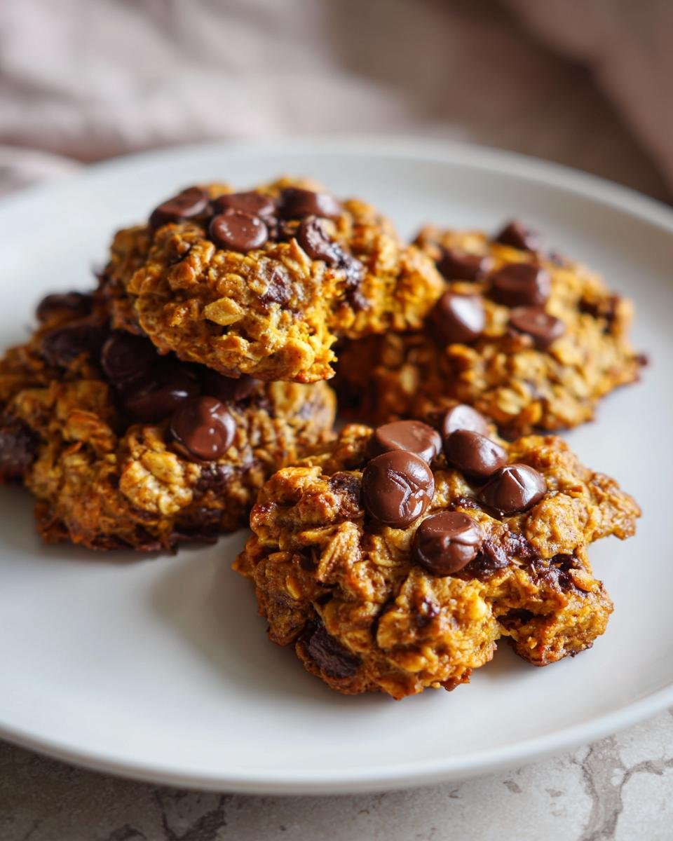 Close-up of delicious Chocolate Chip Pumpkin Oatmeal Cookies piled on a white plate, generously studded with chocolate chips.