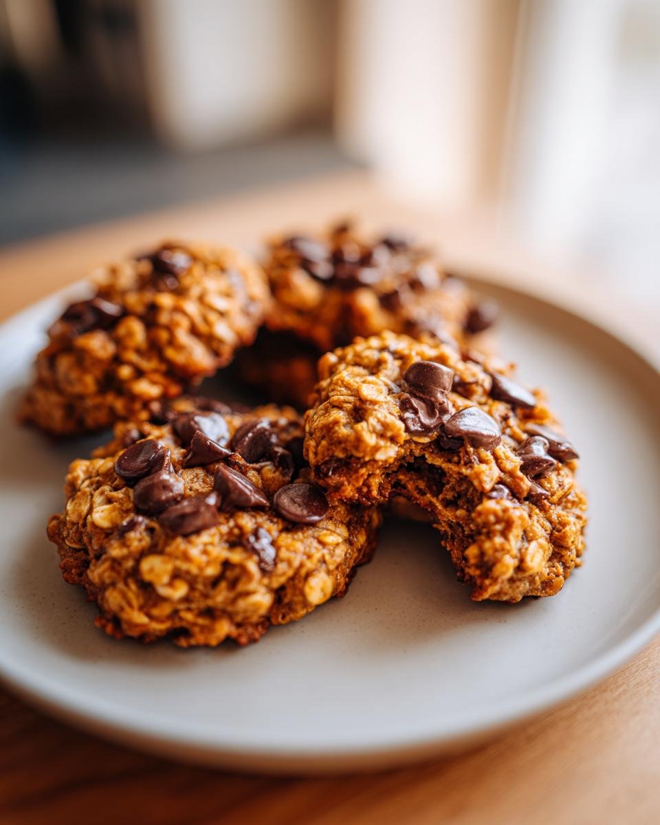 Close-up of delicious Chocolate Chip Pumpkin Oatmeal Cookies on a plate, one cookie broken in half.