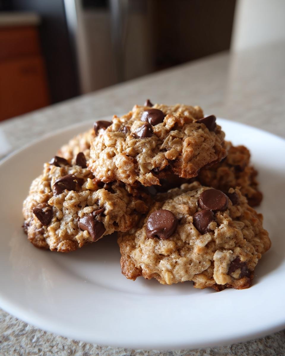 A close-up of a stack of delicious Chocolate Chip Pumpkin Oatmeal Cookies on a white plate.