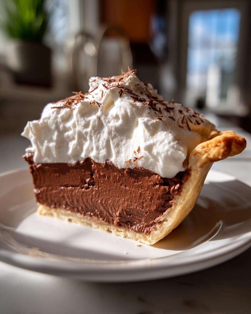 A decadent slice of Chocolate Cream Pie featuring a thick chocolate filling, topped with tall whipped cream and chocolate shavings.