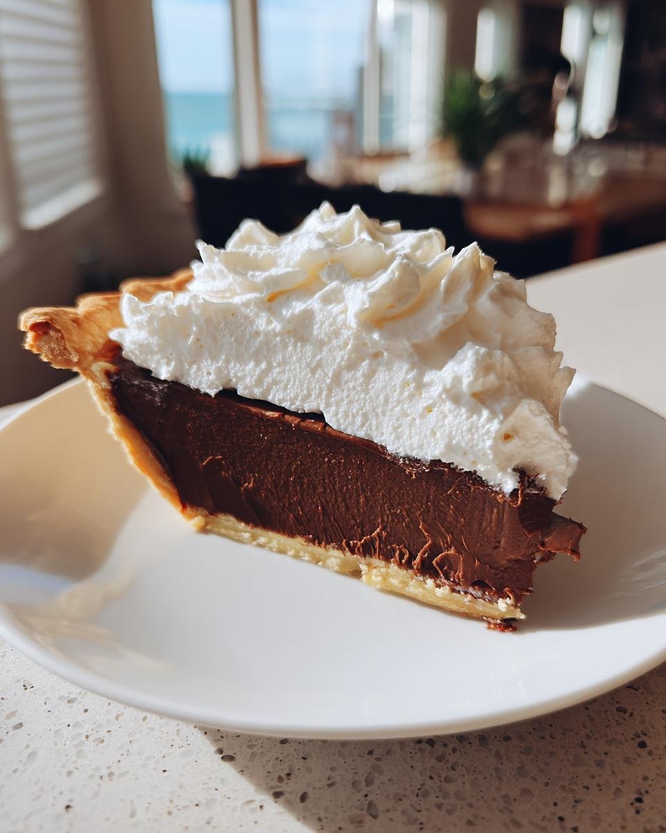 A perfect slice of Chocolate Cream Pie featuring a thick, dark chocolate filling and a generous topping of whipped cream.