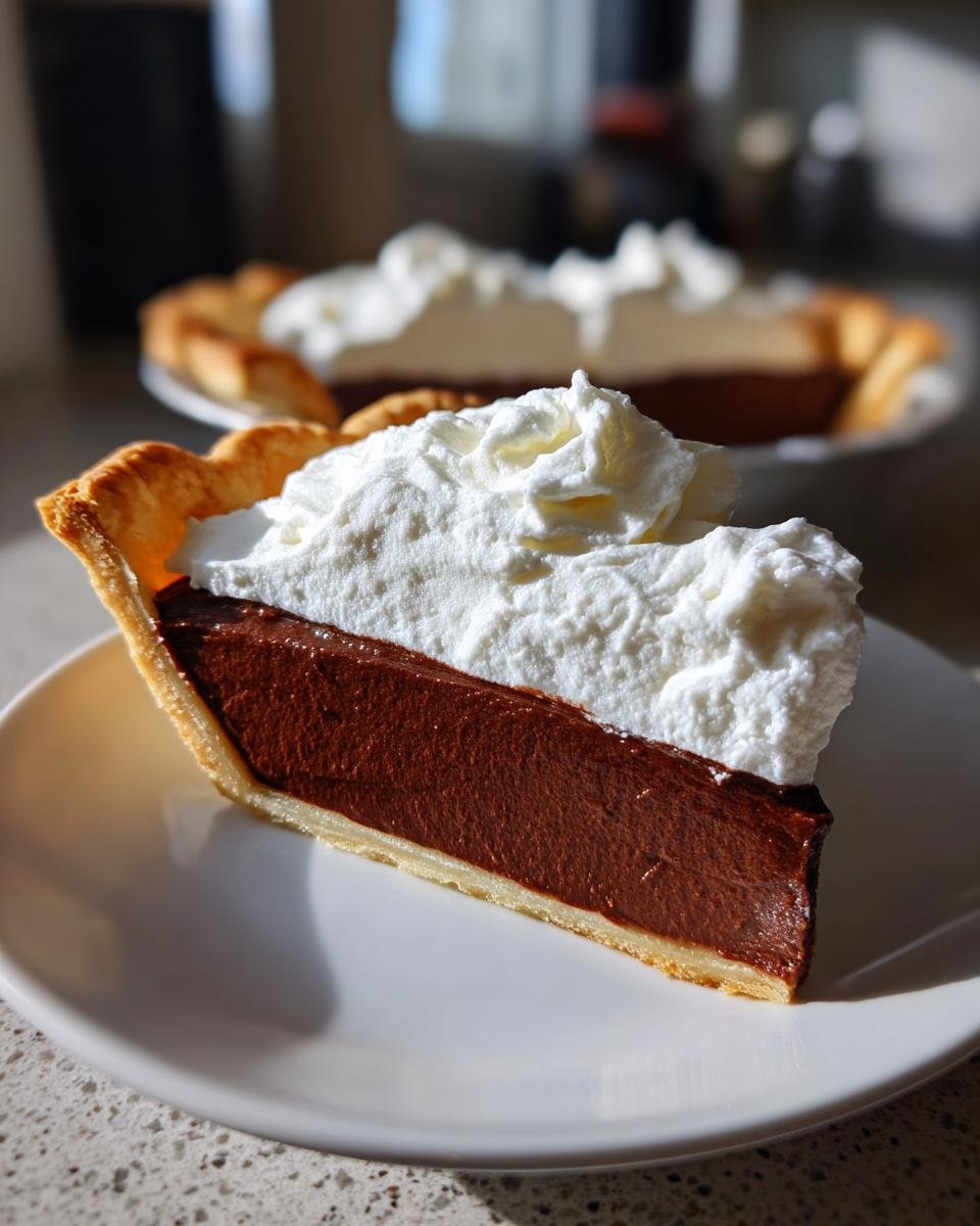 A perfect slice of Chocolate Cream Pie featuring a dark chocolate filling and a generous topping of white whipped cream on a white plate.