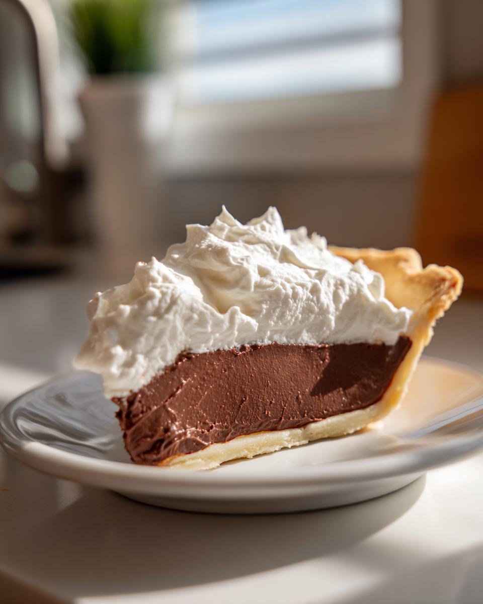 A close-up slice of Chocolate Cream Pie featuring a thick, dark chocolate filling and a generous topping of fluffy white whipped cream.