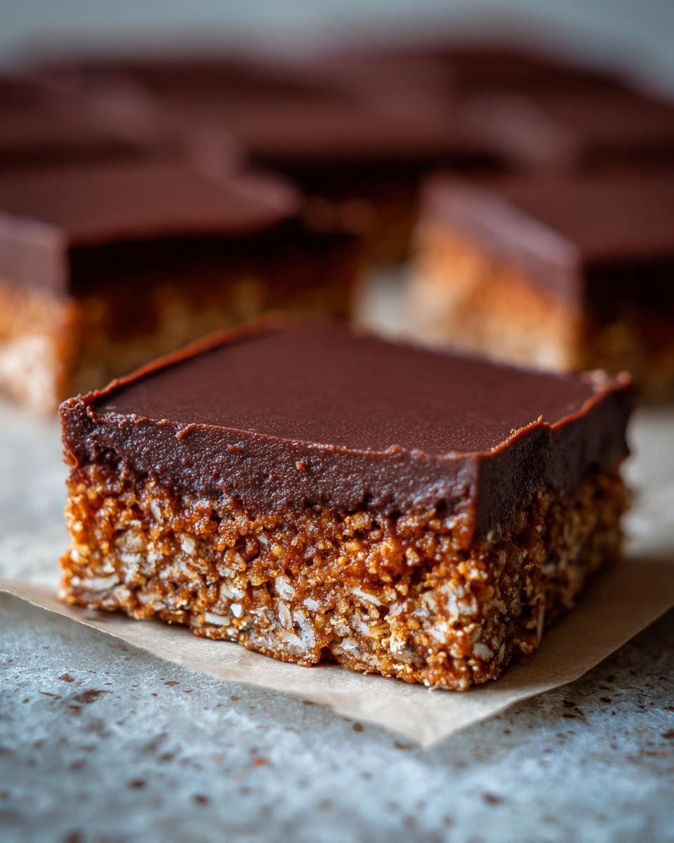 A close-up of one square of Hedgehog Slice showing the textured base and smooth chocolate topping.