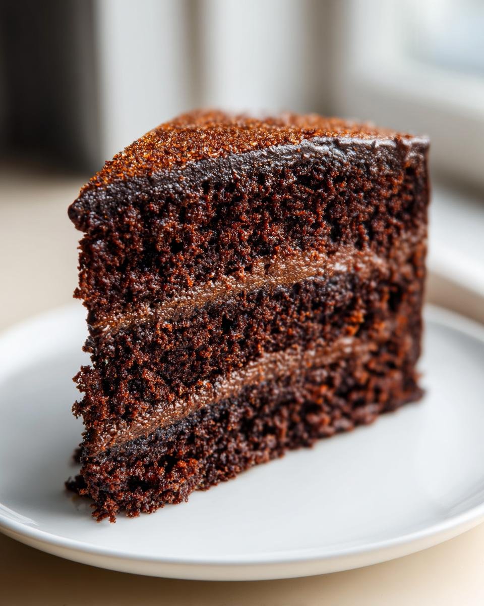 Close-up of a moist, dark slice of Chocolate Orange Cake showing layers of cake and chocolate frosting.