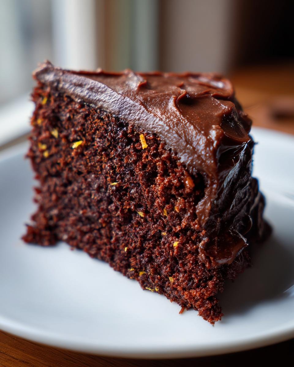 A decadent slice of Chocolate Orange Cake, showing moist dark crumb and thick chocolate frosting.