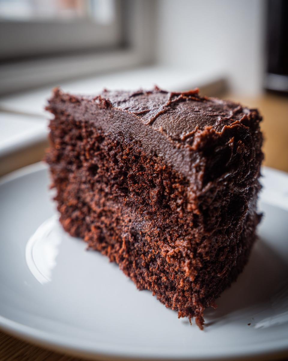 Close-up of a moist, dark slice of Chocolate Orange Cake topped with thick chocolate frosting on a white plate.
